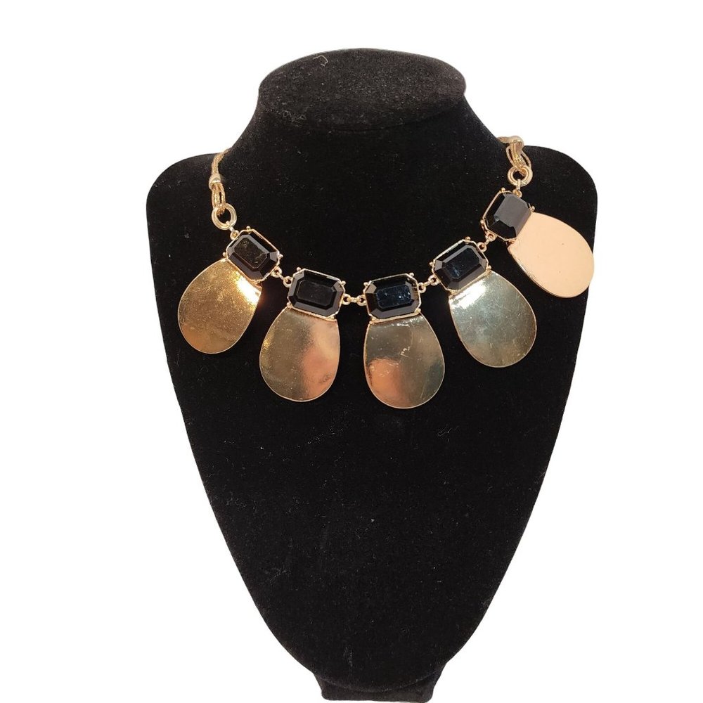 New Directions Gold Medallion Statement Necklace Black Accents‎ NWT